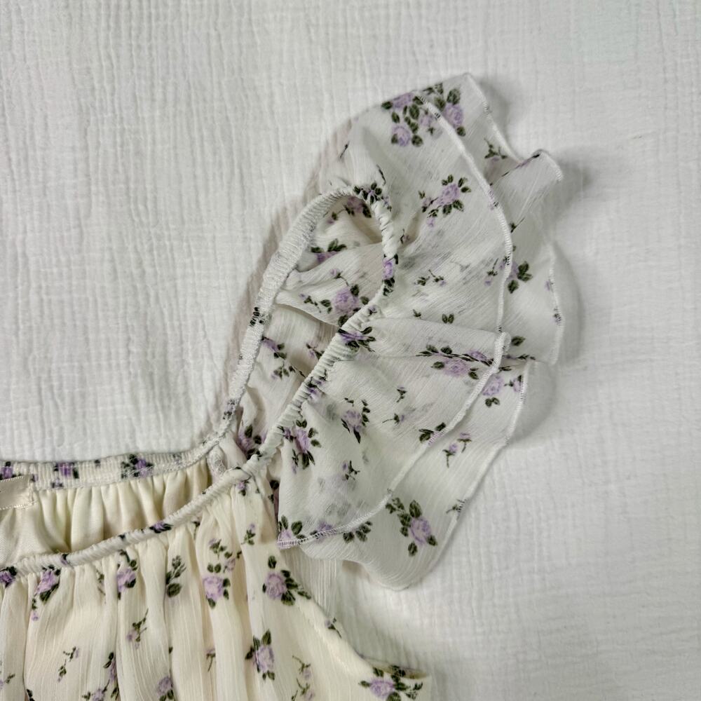 Babydoll Floral Mini Dress XL Ivory Lavender Coquette Cottagecore Tiered Ruffle - Picture 11 of 16